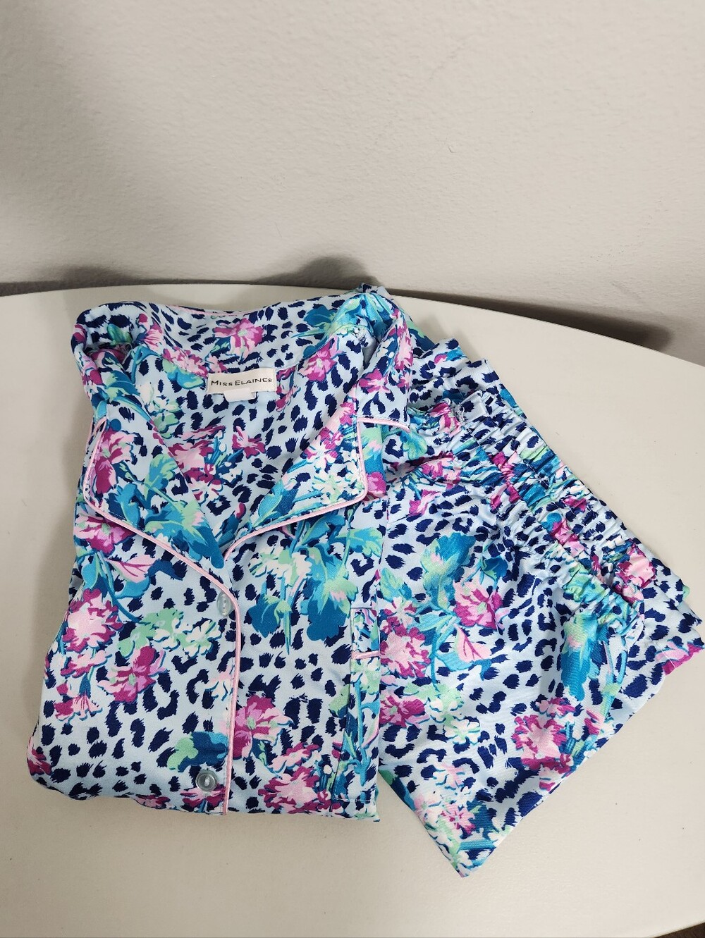 Miss Elaine Womems |L| Blue Floral Leopard Satin LS Pajama Set 2pc Button Up